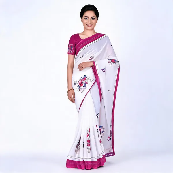 White_Linen_Soft_Cotton_Floral_Print_Saree_For_Women