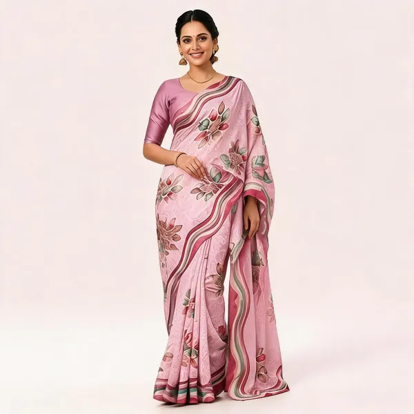 Pink_Moss_Jacquard_Jari_Border_Floral_Print_Saree_For_Women
