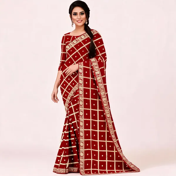Red_Viscose_Georgette_Self_Jari_Chex_Traditional_Saree_For_Women