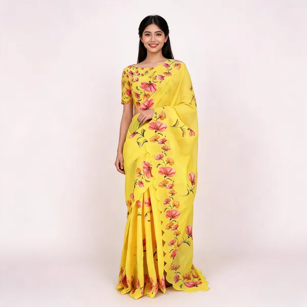 Yellow_Linen_Soft_Cotton_Floral_Print_Saree_For_Women