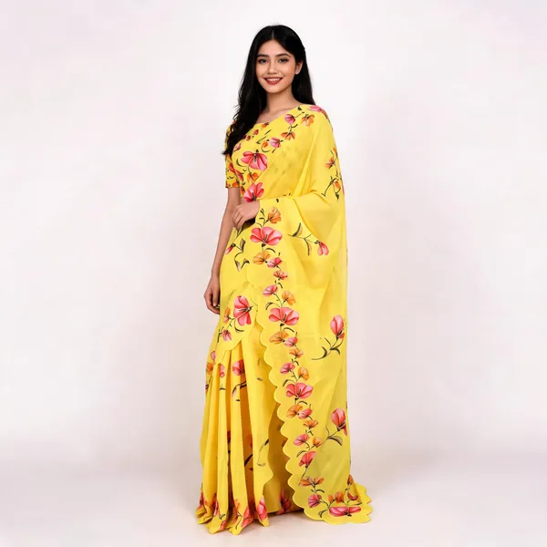Yellow_Linen_Soft_Cotton_Floral_Print_Saree_For_Women