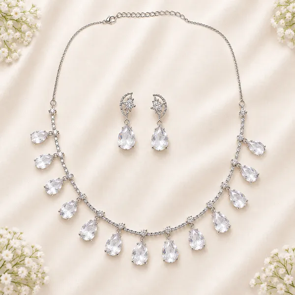 White_American_Diamond_Crystal_Teardrop_Necklace_And_Earrings_Set_For_Women