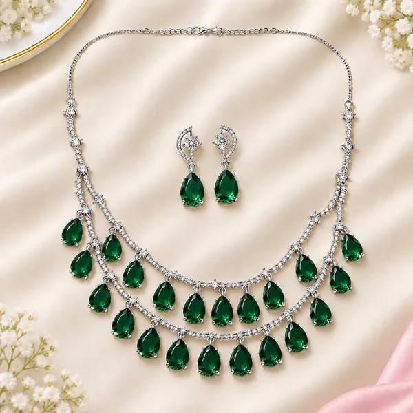 Emerald_Green_American_Diamond_Silver-Tone_Layered_Necklace_Set_For_Women