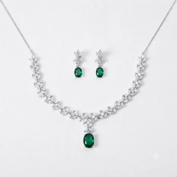 Green_And_Silver_Alloy_Stone_Necklace_And_Earrings_Set_For_Women
