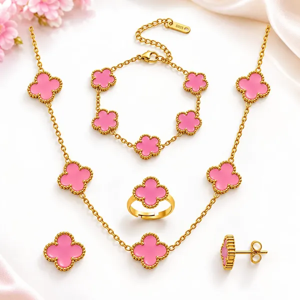 Gold_And_Pink_Alloy_Clover_Motif_Jewellery_Set_For_Women