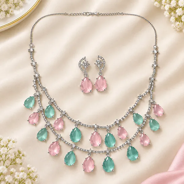 Pink_Green_American_Diamond_Teardrop_Necklace_And_Earrings_Set_For_Women