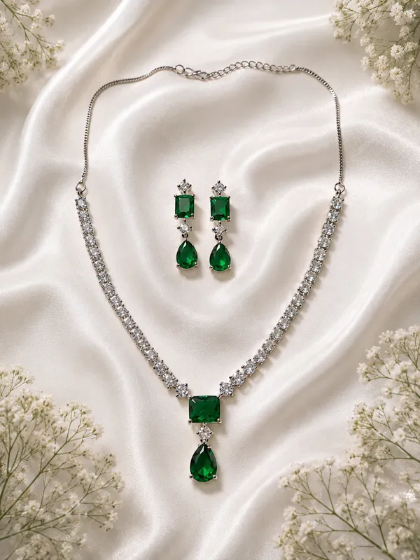 Green_American_Diamond_Silver-Tone_Necklace_Earrings_Set_For_Women