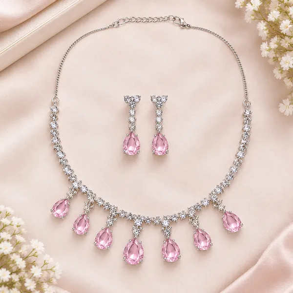 Pink_Crystal_American_Diamond_Teardrop_Necklace_And_Earrings_Set_For_Women