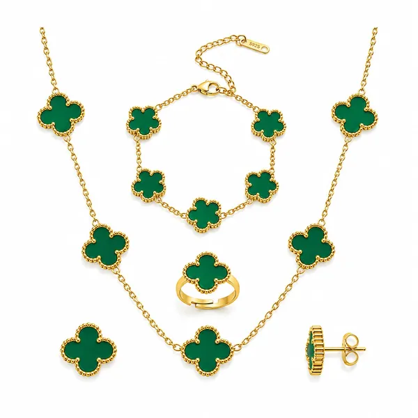 Gold_Green_Clover_Necklace_Bracelet_Ring_Earrings_Set_For_Women