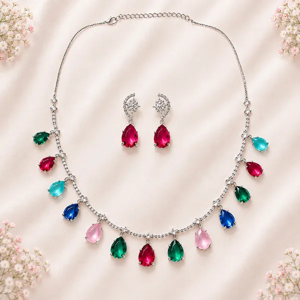 Multicolor_American_Diamond_Silver-Tone_Necklace_Earrings_Set_For_Women