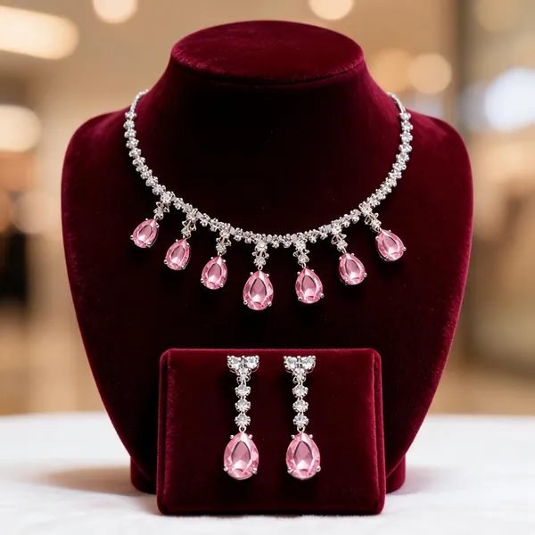 Pink_Crystal_American_Diamond_Teardrop_Necklace_And_Earrings_Set_For_Women
