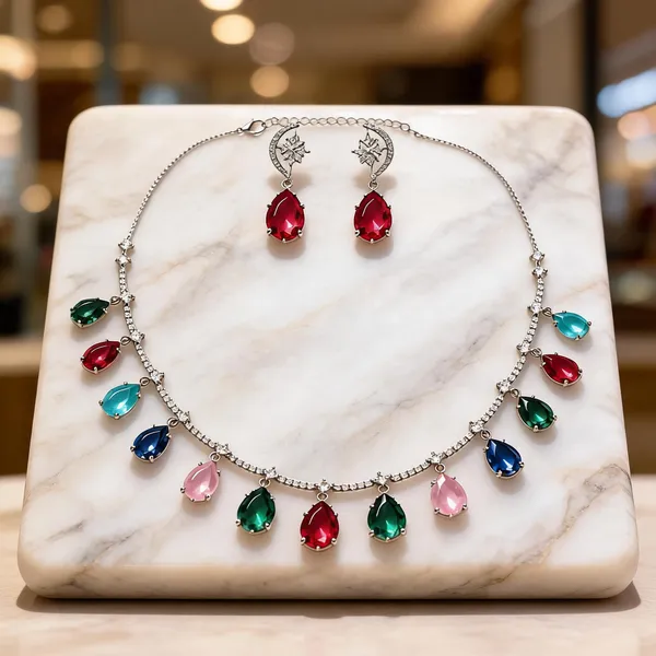 Multicolor_American_Diamond_Silver-Tone_Necklace_Earrings_Set_For_Women