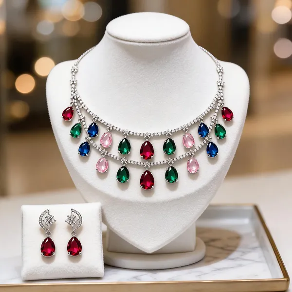 Multicolor_American_Diamond_Silver-Tone_Layered_Necklace_Set_For_Women