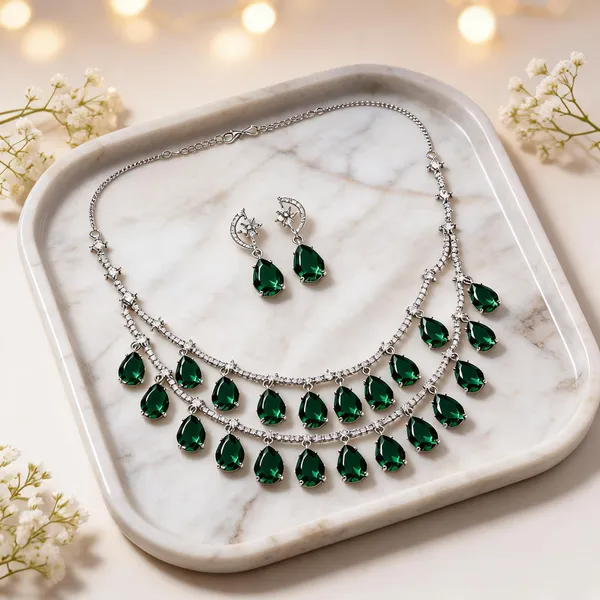 Emerald_Green_American_Diamond_Silver-Tone_Layered_Necklace_Set_For_Women