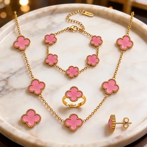 Gold_And_Pink_Alloy_Clover_Motif_Jewellery_Set_For_Women