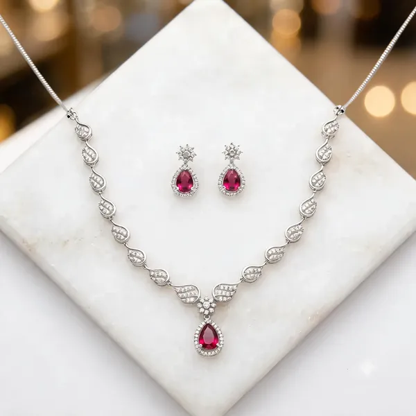 Silver_And_Pink_Alloy_Teardrop_Stone_Necklace_Set_For_Women