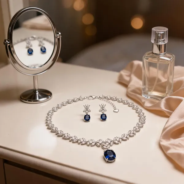 Silver_And_Blue_Alloy_Crystal_Floral_Necklace_And_Earrings_Set_For_Women