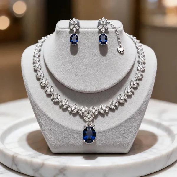 Silver_And_Blue_Alloy_Crystal_Floral_Necklace_And_Earrings_Set_For_Women