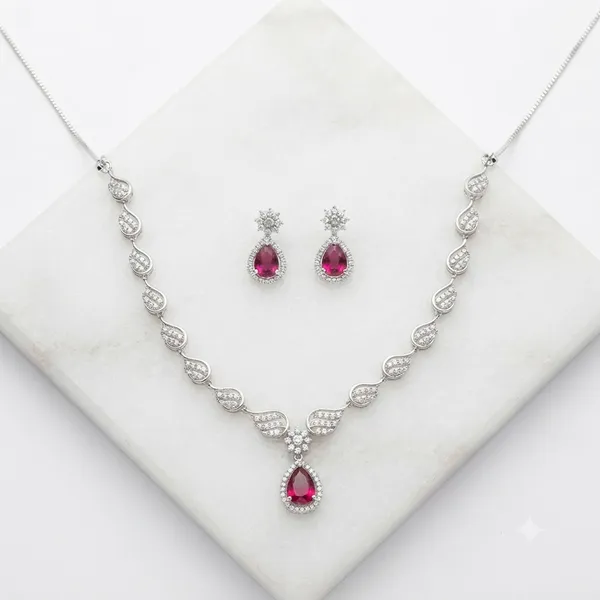 Silver_And_Pink_Alloy_Teardrop_Stone_Necklace_Set_For_Women
