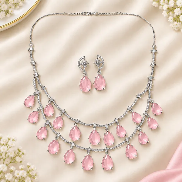 Pastel_Pink_American_Diamond_Silver-Tone_Necklace_Earrings_Set_For_Women