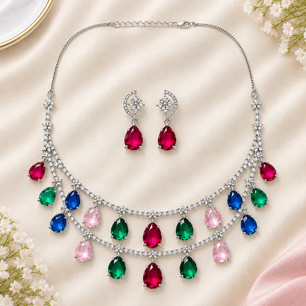 Multicolor_American_Diamond_Silver-Tone_Layered_Necklace_Set_For_Women