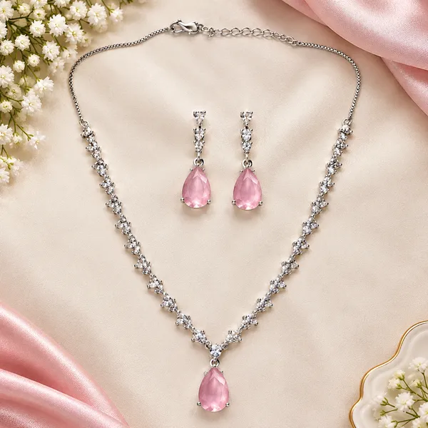 Pink_American_Diamond_Teardrop_Necklace_And_Earrings_Set_For_Women