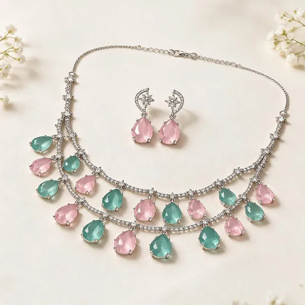 Pink_Green_American_Diamond_Teardrop_Necklace_And_Earrings_Set_For_Women