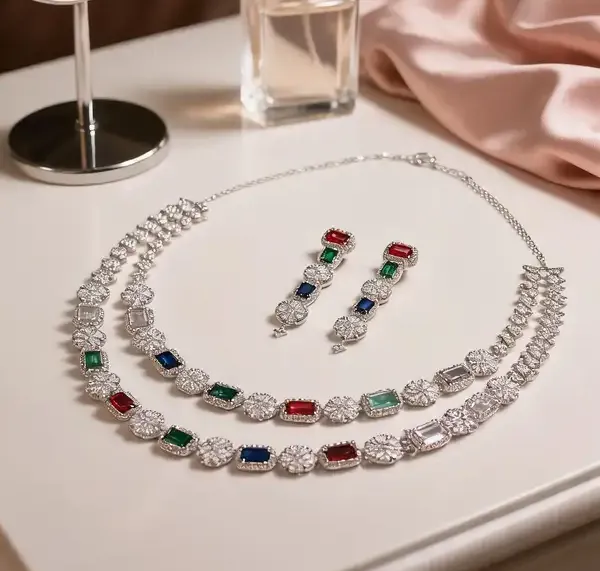 Silver_Tone_Multicolour_Gemstone_Floral_Necklace_Earrings_Set_For_Women