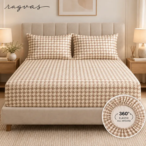 400-TC_Beige_Houndstooth_360°_Fitted_Bedsheet
