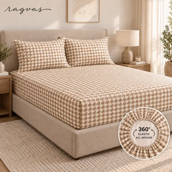 400-TC_Beige_Houndstooth_360°_Fitted_Bedsheet