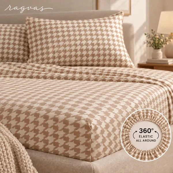400-TC_Beige_Houndstooth_360°_Fitted_Bedsheet