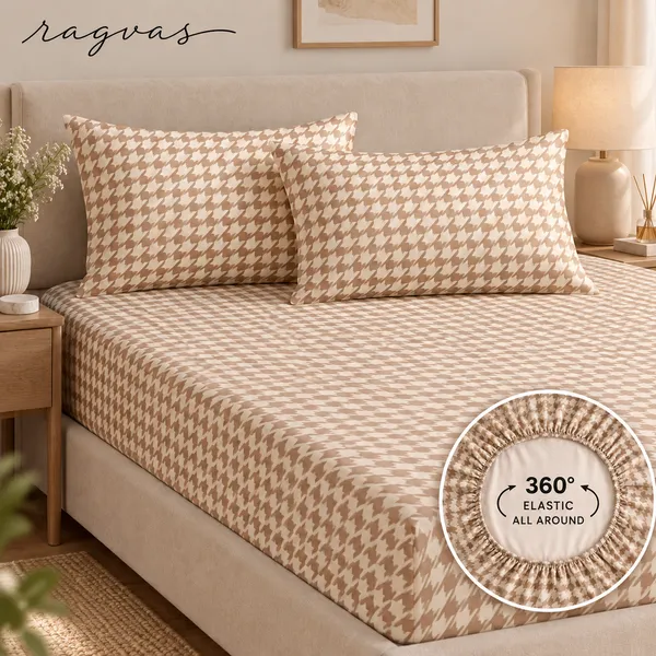 400-TC_Beige_Houndstooth_360°_Fitted_Bedsheet