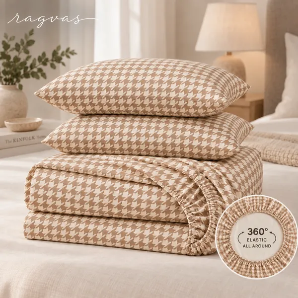 400-TC_Beige_Houndstooth_360°_Fitted_Bedsheet