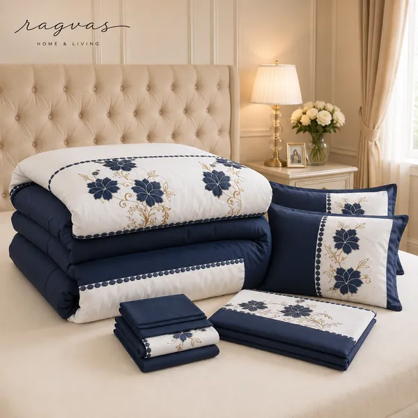 Designer_6_Pc_King_Size_Bedsheet_Set_with_Embroidered_Pillow_Covers,_Cushions_&_Supersoft_Comforter