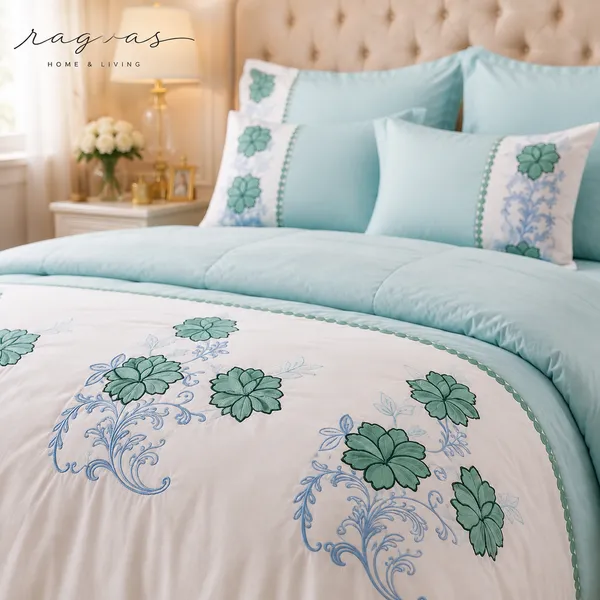 Designer_6_Pc_King_Size_Bedsheet_Set_with_Embroidered_Pillow_Covers,_Cushions_&_Supersoft_Comforter