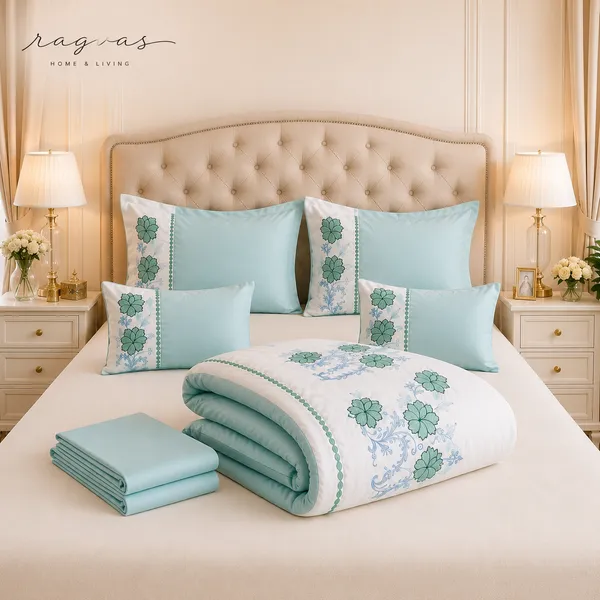 Designer_6_Pc_King_Size_Bedsheet_Set_with_Embroidered_Pillow_Covers,_Cushions_&_Supersoft_Comforter