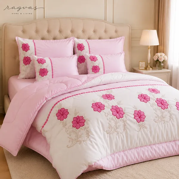 Designer_6_Pc_King_Size_Bedsheet_Set_with_Embroidered_Pillow_Covers,_Cushions_&_Supersoft_Comforter