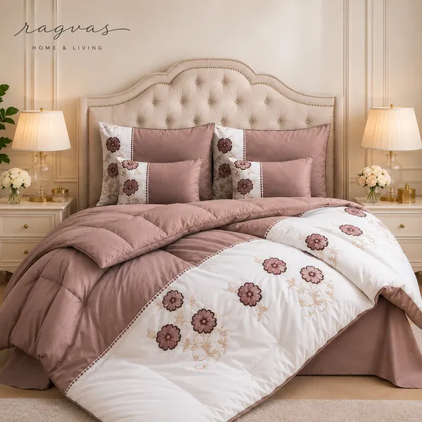 Designer_6_Pc_King_Size_Bedsheet_Set_with_Embroidered_Pillow_Covers,_Cushions_&_Supersoft_Comforter