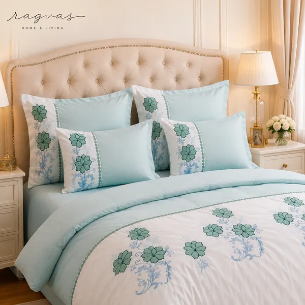 Designer_6_Pc_King_Size_Bedsheet_Set_with_Embroidered_Pillow_Covers,_Cushions_&_Supersoft_Comforter