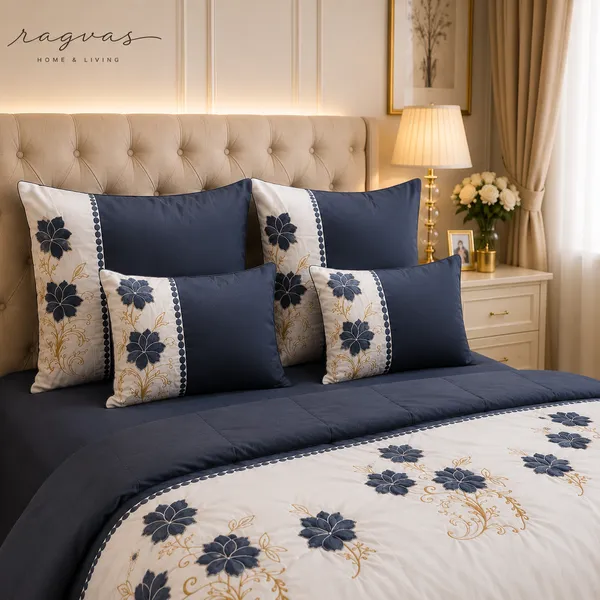 Designer_6_Pc_King_Size_Bedsheet_Set_with_Embroidered_Pillow_Covers,_Cushions_&_Supersoft_Comforter