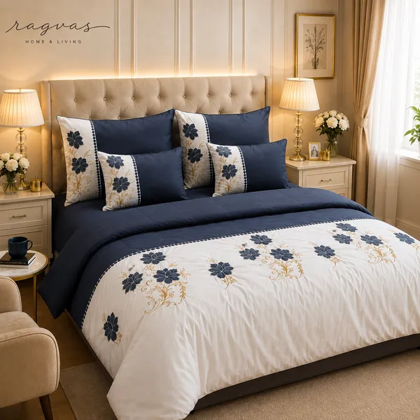Designer_6_Pc_King_Size_Bedsheet_Set_with_Embroidered_Pillow_Covers,_Cushions_&_Supersoft_Comforter
