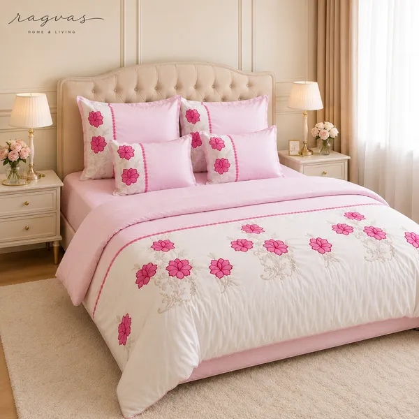 Designer_6_Pc_King_Size_Bedsheet_Set_with_Embroidered_Pillow_Covers,_Cushions_&_Supersoft_Comforter