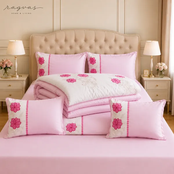 Designer_6_Pc_King_Size_Bedsheet_Set_with_Embroidered_Pillow_Covers,_Cushions_&_Supersoft_Comforter