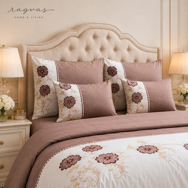 Designer_6_Pc_King_Size_Bedsheet_Set_with_Embroidered_Pillow_Covers,_Cushions_&_Supersoft_Comforter