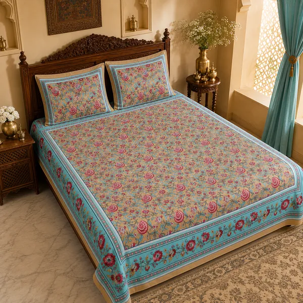 Beige_And_Aqua_Cotton_Hand_Block_Bed_Sheet_Set_For_Bedroom