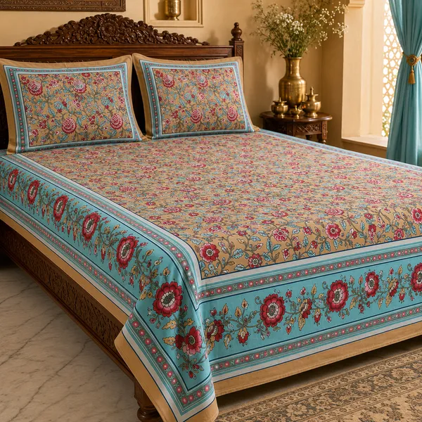 Beige_And_Aqua_Cotton_Hand_Block_Bed_Sheet_Set_For_Bedroom