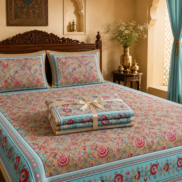 Beige_And_Aqua_Cotton_Hand_Block_Bed_Sheet_Set_For_Bedroom