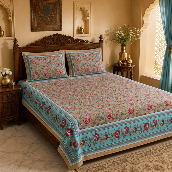 Beige_And_Aqua_Cotton_Hand_Block_Bed_Sheet_Set_For_Bedroom