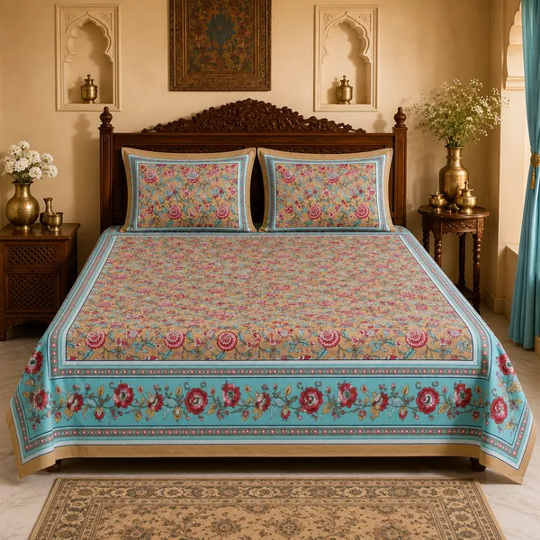 Beige_And_Aqua_Cotton_Hand_Block_Bed_Sheet_Set_For_Bedroom