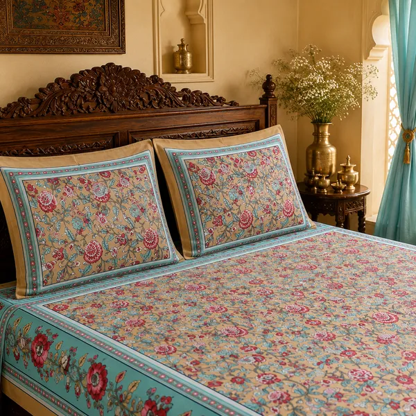 Beige_And_Aqua_Cotton_Hand_Block_Bed_Sheet_Set_For_Bedroom
